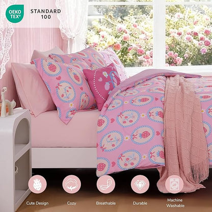 Full Size Comforter Set for Girls - 4 Pieces Pink Strawberry Full Bedding Sets for Kids,1 Comforter, 2 Shams and 1 Decor Pillow