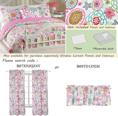 Cozy Line Home Fashions Pink Floral Polka Dot Colorful Reversible Quilt Bedding Set, Coverlet, Bedspreads for Girls (Mariah, Twin - 2 Piece)