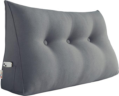 Wedge Pillows Headboard Reading Pillow Backrest Pillows for Sitting Up in Bed Rest Large Triangle Bolster Cushion Cotton Linen Daybed Pillow Lumbar Support Leg Positioning（Grey, Twin）