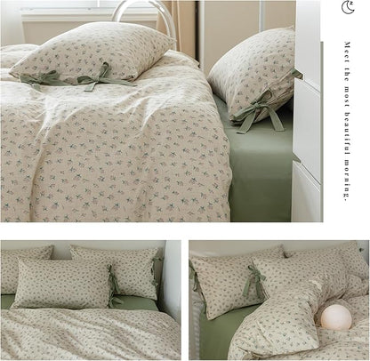 AOJIM Green Floral Print Bedding Duvet Cover Full Size Vintage Style, 100% Cotton Comforter Cover Set 3pcs for Room Decor, 1 Soft Quilt Cover 80x90'' and 2 Pillowcases 20x26'' with Bow Ties, No Duvet