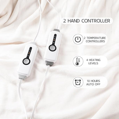 Electric Heated Blanket 84"x90" Queen Size, Soft Coral Fleece, Dual Controllers with 4 Heating Levels and 10 Hours Auto-Off, Machine Washable, Cozy Plush Fabric for Home, White