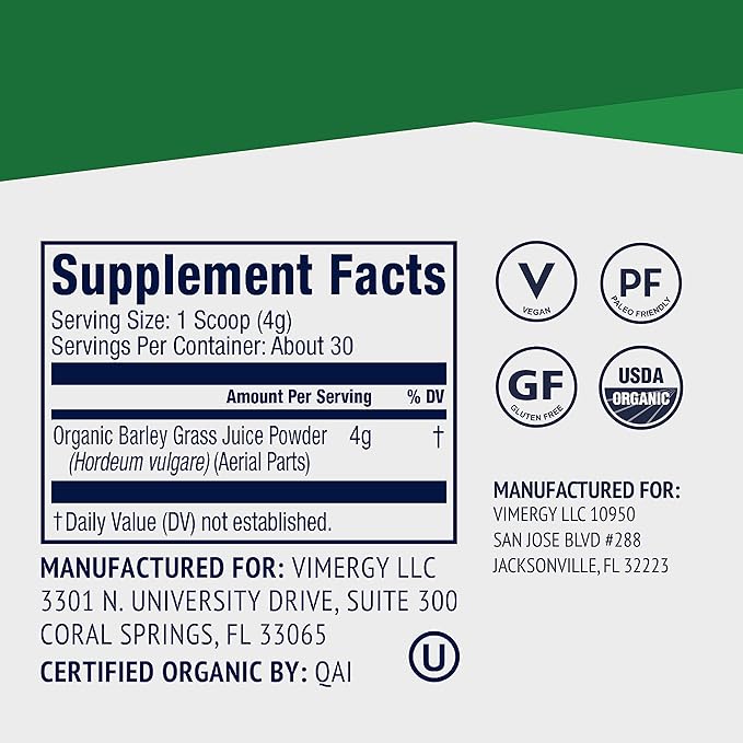 Vimergy Barley Grass Juice Powder Dietary Supplement - 0.8g per Serving (150 Servings) – Clean Superfood Formula – Promotes Cardiovascular Health* – Organic, Vegan & Gluten-Free – Travel Size 120g