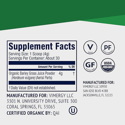 Vimergy Barley Grass Juice Powder Dietary Supplement - 0.8g per Serving (150 Servings) – Clean Superfood Formula – Promotes Cardiovascular Health* – Organic, Vegan & Gluten-Free – Travel Size 120g