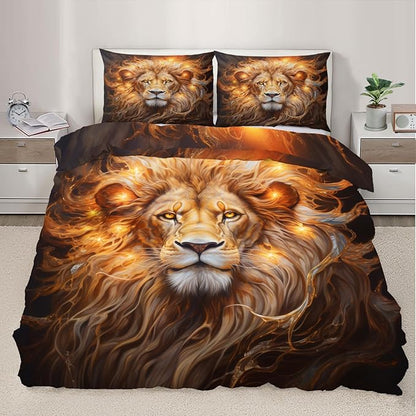 Lion Duvet Cover Queen Size, Trippy Golden Lion Bedding Set 3 Piece Bedroom Decor Modern Wild Animal Comforter Cover and 2 Pillow Sham with Zipper Closure