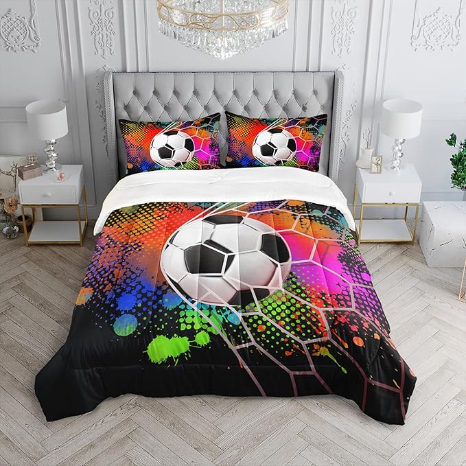 Colorful Soccer Themed Comforter 3Pcs Queen Gaming Football Net Bedding Set for Kid Teen Girl Boy Adult Ball Sports Games Graffiti Football Quilt Room Decor with 1 Comforter and 2 Pillowcases