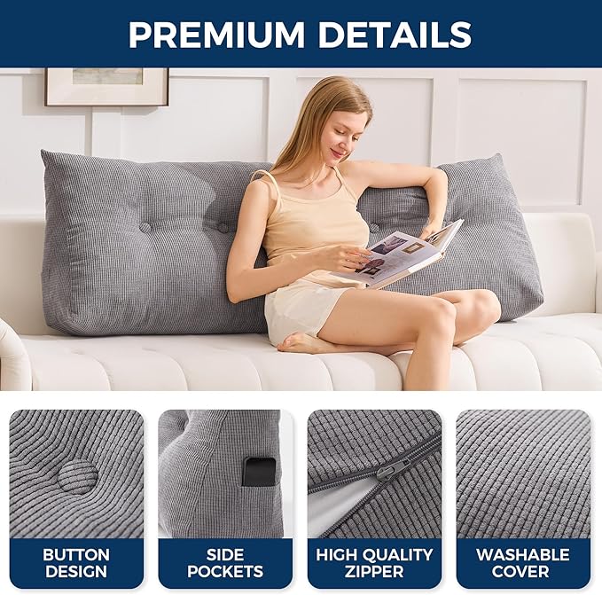 Headboard Pillow Twin, Triangle Pillows for Headboard, Head Board Backrest Wedge Pillow for Reading Sitting Working, Daybed Pillows with Removable Cover for Bed Dorm Sofa, Dark Grey