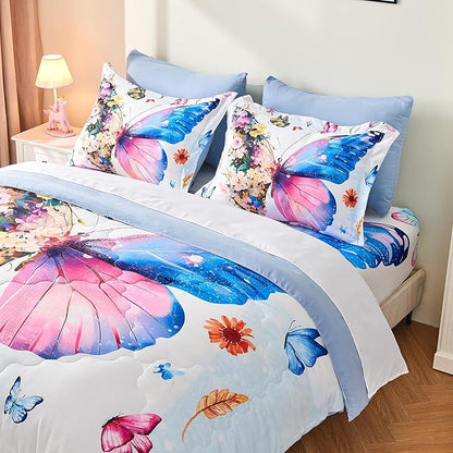 7 Piece Butterfly Comforter Set Full Size 3D Colorful Floral Butterflies Bedding Set for Kids Girls Women for Birthday