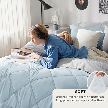 Bedsure Twin Comforter Set - 5 Pieces Reversible Sky Blue Bedding, Twin Size Bed Set for All Seasons, Bed in a Bag with Down Alternative Comforter, Sheets, Pillowcase & Sham