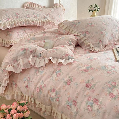 BuLuTu Pink Duvet Cover Set Twin Size Lace Ruffled Princess Bedding, Shabby Chic Floral Print Comforter Cover 68"x86", Vintage Farmhouse Comforter Cover with Zipper Closure & Corner Ties