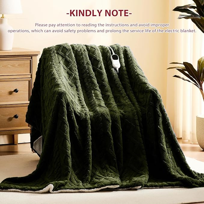 Heated Electric Blanket Twin Size-62"x84" Heating Blanket with 10 Heating Levels & 5 Time Settings Over-Heat Protection，Winter Warmer for Adults with ETL Certification（Green）