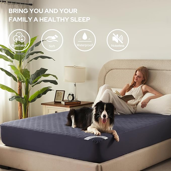 2 Pack Waterproof Mattress Protector, Queen Size Mattress Pad Noiseless with Deep Pocket Fitted for 6"-18", Soft Breathable Dirt-Proof Bed Mattress Cover Washable for Home, Bedroom, Hotel (Navy Blue)