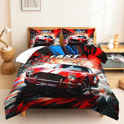 Red Racing Car Themed Comforter 3Pcs Full Cool Speed Sports Car Fast and Furious Bedding Set for Kid Teen Girl Boy Adult Extreme Sport Game Quilt Bed Decor with 1 Comforter and 2 Pillowcases