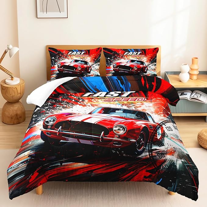 Red Racing Car Themed Comforter 3Pcs Twin Cool Speed Sports Car Fast and Furious Bedding Set for Kid Teen Girl Boy Adult Extreme Sport Game Quilt Bed Decor with 1 Comforter and 2 Pillowcases