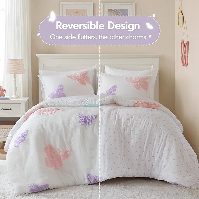 Intelligent Design Kids Rio Twin Duvet Set – Girls’ Reversible Tufted Chenille Bedding with Pastel Purple Butterflies and Pink Dot, 2pcs