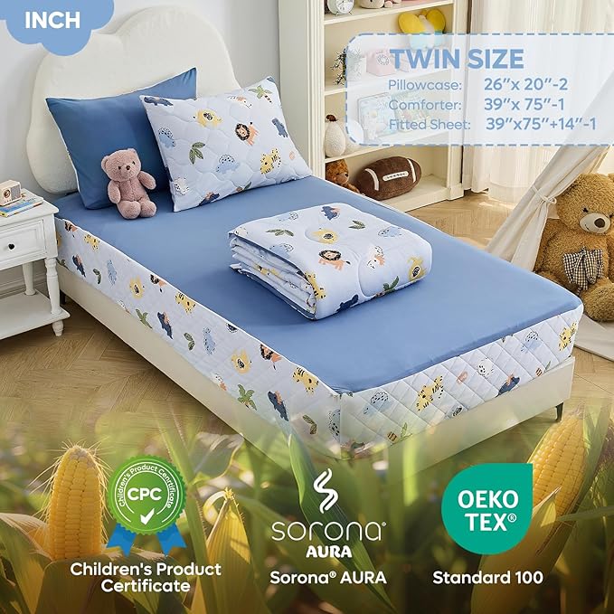 Bestier Twin Size 4Pcs Kids Comforter Sets, Zipper Bedding Set, Kids Bedding Set Cartoon Comforter for Kid, Zipper Bedding Certified - OEKO-TEX100 (Blue, Twin, 39"x75")
