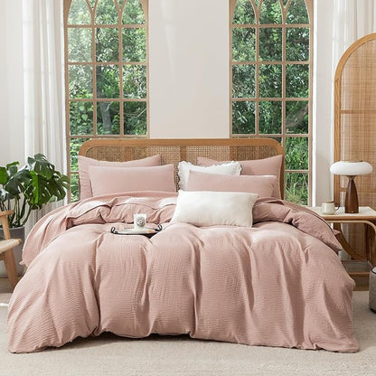 Duvet Cover King Size, Luxury Brushed Microfiber Double-Layer Crinkle Gauze Pink King Duvet Cover, 3 Pieces Bedding for All-Season, Soft Breathable with Zipper Closure (No Comforter)
