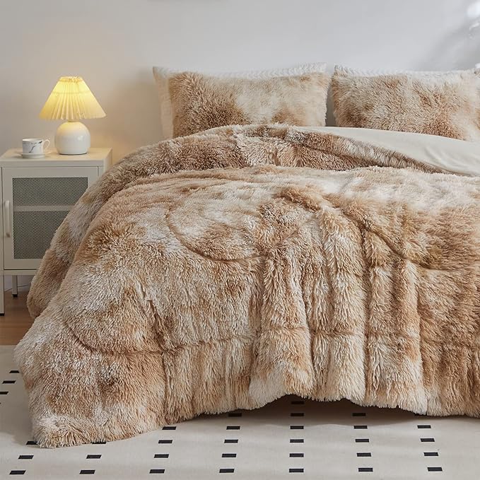 Wajade Faux Fur Plush Tie Dye Camel Comforter Set Fluffy Fuzzy Shaggy Bedding Set - 3PC Full Size Microfiber Soft Warm Quilt Set