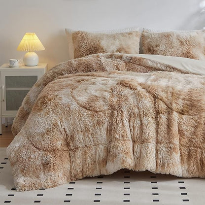 Wajade Faux Fur Plush Tie Dye Camel Comforter Set Fluffy Fuzzy Shaggy Bedding Set - 3PC Full Size Microfiber Soft Warm Quilt Set
