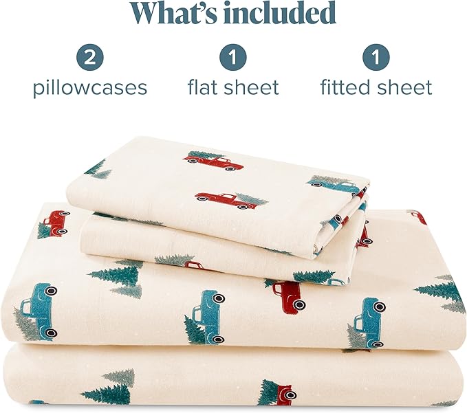 Bare Home Flannel Sheet Set Prints, 100% Cotton, Velvety Soft Heavyweight - Christmas Sheets - Double Brushed Flannel for Extra Softness & Comfort - Deep Pocket - Holiday Sheets (King, Vintage Truck)