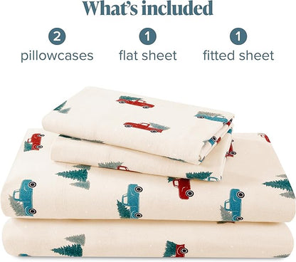 Bare Home Flannel Sheet Set Prints, 100% Cotton, Velvety Soft Heavyweight - Christmas Sheets - Double Brushed Flannel for Extra Softness & Comfort - Deep Pocket - Holiday Sheets (King, Vintage Truck)