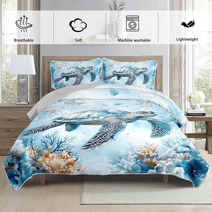 Coastal Bedding Quilt Sets Full Size,Summer Blue Sea Turtles Jellyfish Nautical Bedding Quilt with 2 Pillowcases,Beach Themed Soft Lightweight Quilted Set.