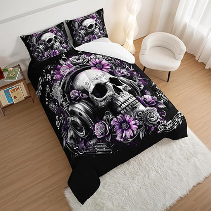 HOSIMA Death Skull Comforter Set King Size,Skull Wearing Headphones Decorated with Flowers,Melody Note Pattern Horror Themed Gothic Bedding Set for Teens Boys Room Decor with 2 Pillowcases.