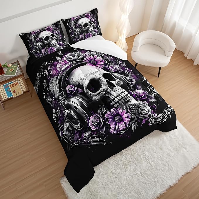 HOSIMA Death Skull Comforter Set Full Size,Skull Wearing Headphones Decorated with Flowers,Melody Note Pattern Horror Themed Gothic Bedding Set for Teens Boys Room Decor with 2 Pillowcases.