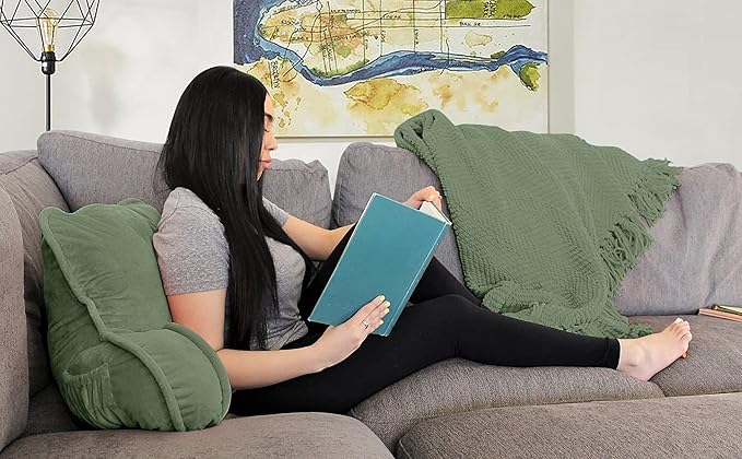 Super Soft Velvety Backrest Reading Bed Rest Pillow with Arms and Pockets 18" H for Sitting in Bed Couch Sofa, Back Support Wedge Cushion with Removable Cover, 20" x 18" x17", Avocado