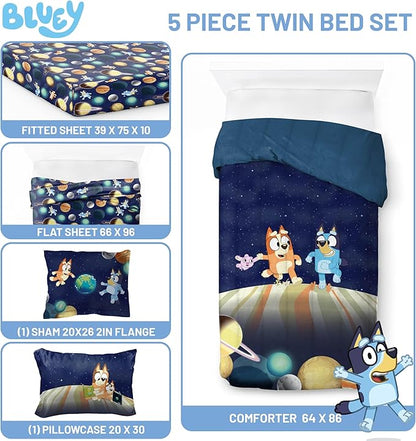 Jay Franco Kids Comforter Set Includes Sheets and Pillow Covers - Soft and Cozy Bed Set for Stylish Room Decor, Blue - Bluey & Bingo, 5 Piece Twin