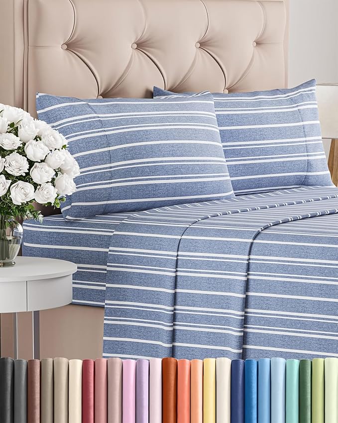 Twin 4 Piece Sheet Set - Comfy Breathable & Cooling - Soft Hotel Luxury Bedding Set with 8-16 Inch Deep Pockets - 1 Flat & 1 Fitted Sheet & 2 Pillowcases - Wrinkle Free & Easy Care - Blue Stripes 3