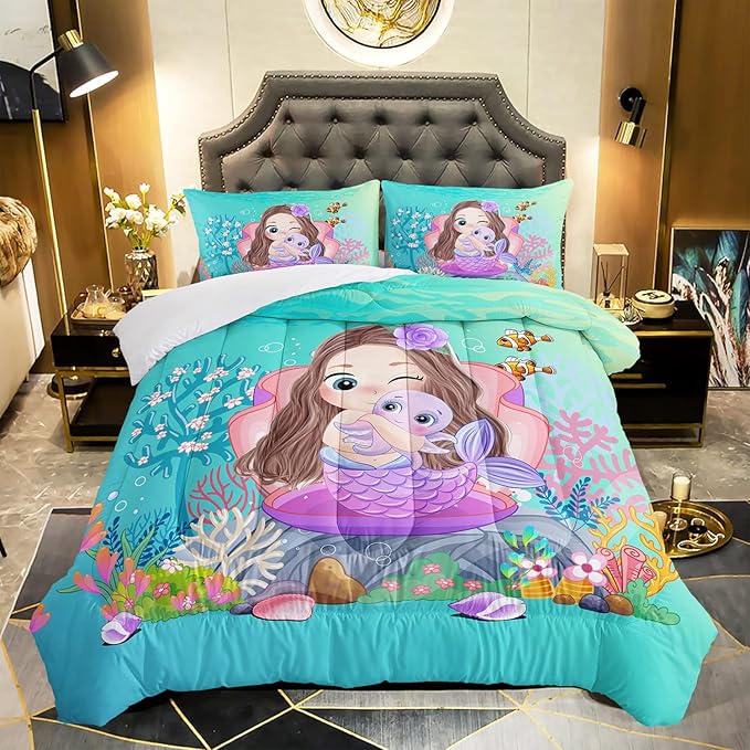 Mermaid Comforter Set Queen Size Fairy Tale Sea Shell Grass Bedding Set Fish Quilt Bed Set for Kid Girls with 1 Comforter and 2 Pillowcases
