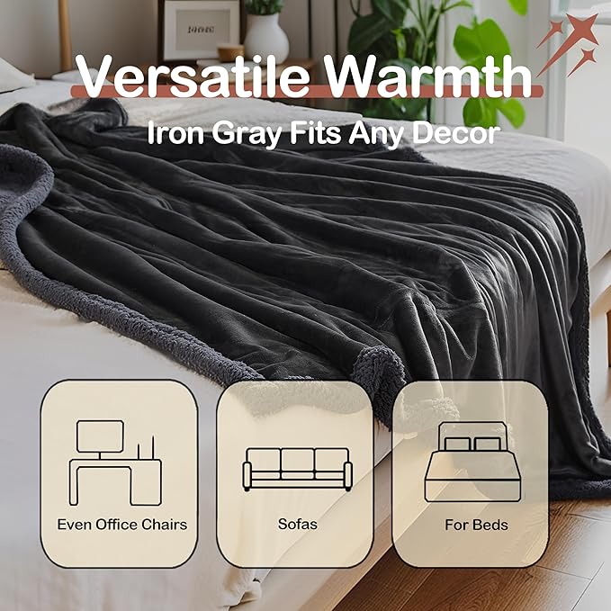 Heated Throw Heating Blanket Electric Throw Size 50" x 60" with 5 Levels Heating & 3Hs Auto Off, Microplush Flannel & Warm Sherpa, Machine Washable, Great Christmas Birthday Gifts, Dark Gray