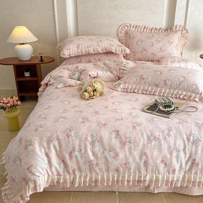 BuLuTu Pink Ruffled Duvet Cover Set Full Size Farmhouse Rustic Bedding, Cottagecore Floral Print Comforter Cover with Lace Edeges, French Country Quilt Cover 80"x90",Coquette Decor, All Seasons