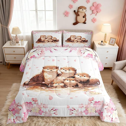 Cute Otter Family Comforter Set Watercolor Pink Cherry Blossom Decor Bedding Comforter for Kids Girls Teens Lovely Cartoon Wild Animals Spring Bedroom Quilt Set with 2 Pillowcases Queen Size 3 Pcs