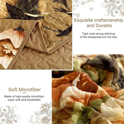 Drucon Brown Floral Quilt Set Queen Size 3 Pieces Brown Botanical Flower Quilt Coverlet Set Soft Microfiber Lightweight Quilted Bedspread for All Season 90"x96"