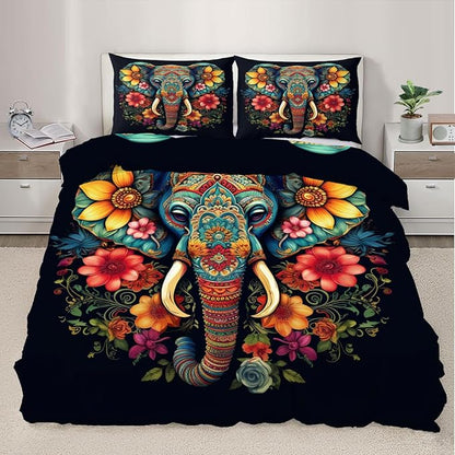 Elephant Duvet Cover Queen Size, Indian Elephant Bedding Set 3 Piece Bedroom Decor African Wildlife Comforter Cover and 2 Pillow Sham with Zipper Closure