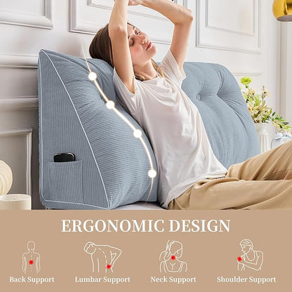 Sasttie Headboard Pillow Queen, Triangular Wedge Pillow Headboard, Wedge Headboard Pillow for Bed Sofa, Daybed Pillows for Sitting up, Reading or Working with Removable Cover, Greyish Blue