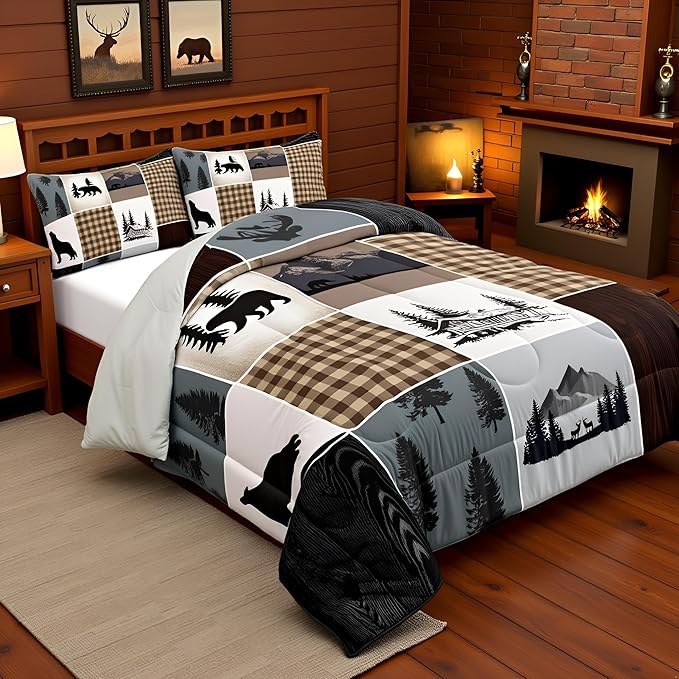 Bear Deer Bedding Set Full Size,Brown Geometric Check Patchwork Comforter Set Wild Animals Hunt Adventure Quilted Duvet Boys Girls Men Teens Bedroom Decor Rustic Country Cabin Duvet Insert 3pcs