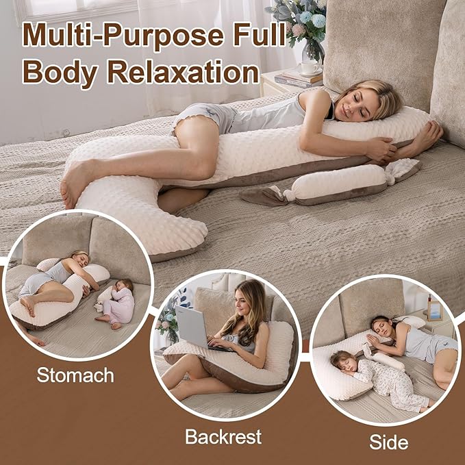 Long Body Pillow for Adults, Full Body Pillow with Mini Candy Pillow, Adjustable Height, Firm Support for Side Sleeping, Kids & Pregnancy, Soft & Breathable, Washable (55 Inch, Velvet Brown)