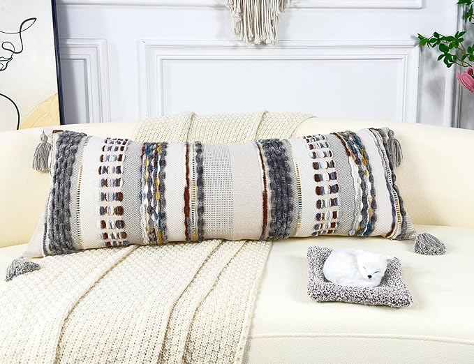 Chenille and Cotton Long Pillow for Bed, Striped Textured Boho Lumbar Throw Pillow Cover 14x36, Neutral Accent Decorative Extra Long Body Pillow Case for Couch, Sofa, Bedroom, Brown-Grey