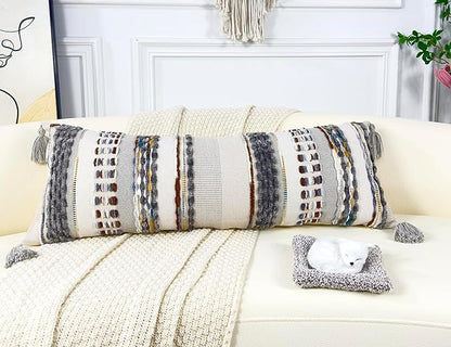 Chenille and Cotton Long Pillow for Bed, Striped Textured Boho Lumbar Throw Pillow Cover 14x36, Neutral Accent Decorative Extra Long Body Pillow Case for Couch, Sofa, Bedroom, Brown-Grey