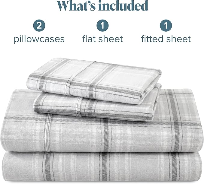 Bare Home Flannel Sheet Set Prints, 100% Cotton, Velvety Soft Heavyweight - Double Brushed Flannel for Extra Softness & Comfort - Deep Pocket - Bed Sheets (Queen, Tartan Plaid)