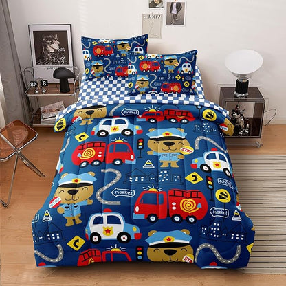 Kids Cop Car Comforter Set for Little Boys, Fire Truck Police Car Bedding Set, City Traffic Bedding Collection Include (1 Comforter, 2 Pillowcases, 1 Fitted Sheet, 1 Flat Sheet), Blue