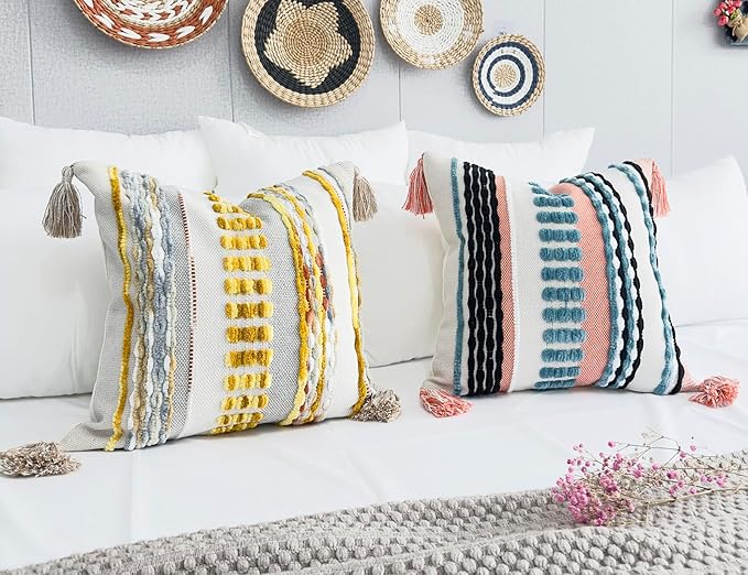 Boho Throw Pillow Covers 18x18 Aesthetic Neutral Boucle Couch Pillow Cover Rainbow Striped Decorative Accent Pillow Case for Couch Bed Sofa Farmhouse Bedroom,Modern Funky,Set of 2 Turquoise