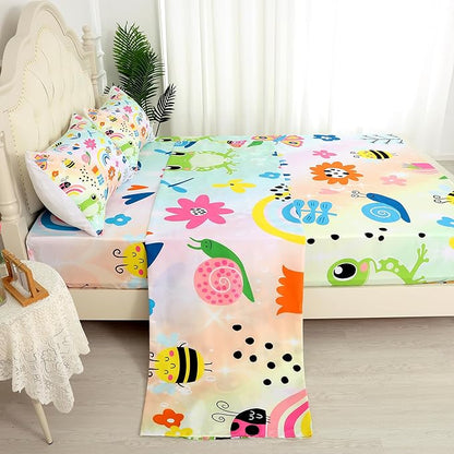 Rainbow Frogs Fitted Sheet Sets,Cartoon Floral Kids Bedding Twin Size for Girls Teens Adults Bedroom Bed, Kawaii Sheets Bedspread Set,1 Flat Sheet 1 Fitted Sheet 1 Pillowcase