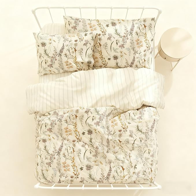 Floral Duvet Cover Beige Striped Bedding Set with Botanical 3 Pieces Kids Boys Girls Stripes Vintage Flower Pattern Reversible Soft Breathable Microfiber Duvet Cover Set with 2 Pillowcases