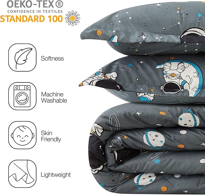 JSD Grey Astronaut Kids Comforter Set Queen Size, 3 Piece Space Theme Microfiber Comforter with Pillow Sham, Machine Washable
