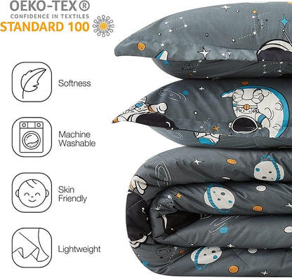 JSD Grey Astronaut Kids Comforter Set Queen Size, 3 Piece Space Theme Microfiber Comforter with Pillow Sham, Machine Washable