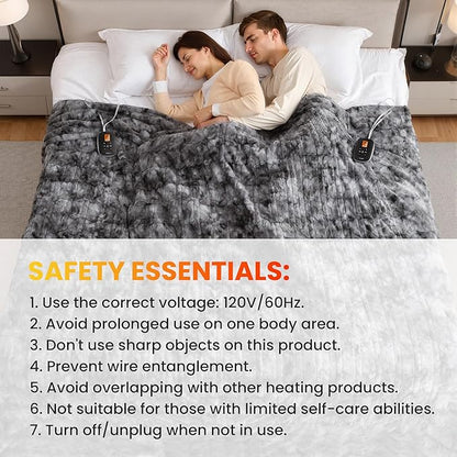 WOOMER Heated Blanket King Size 100" x 90", Electric Blanket with Dual Controllers, 0.5-12 Hours Timer & 10 Heating Levels, ETL Certified, Marble Gray Double-Sided Faux Fur, Machine Washable