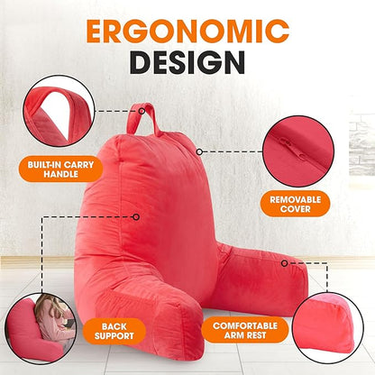 Cheer Collection Reading Pillow with Arms – Portable Bed Pillow for Sitting Up & Support, Hollow Fiber-Filled Back Rest Pillow for Sitting in Bed & Couch, Machine Washable, Hot Pink